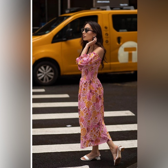 Jessie Zhoa MOUNTAIN IMAGINATION SMOCKED MIDI DRESS Pink Print size L - Picture 4 of 6